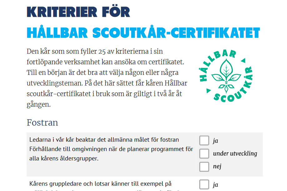 Bilden visar en PDF fil med certifikatets logo, nertill ser man början på listan av kriterier med kryssrutor för bedömning.
